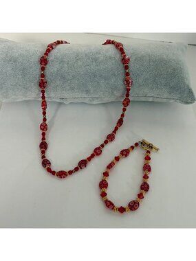 Red Gold Millefiori Glass Bead Necklace and Bracelet Set